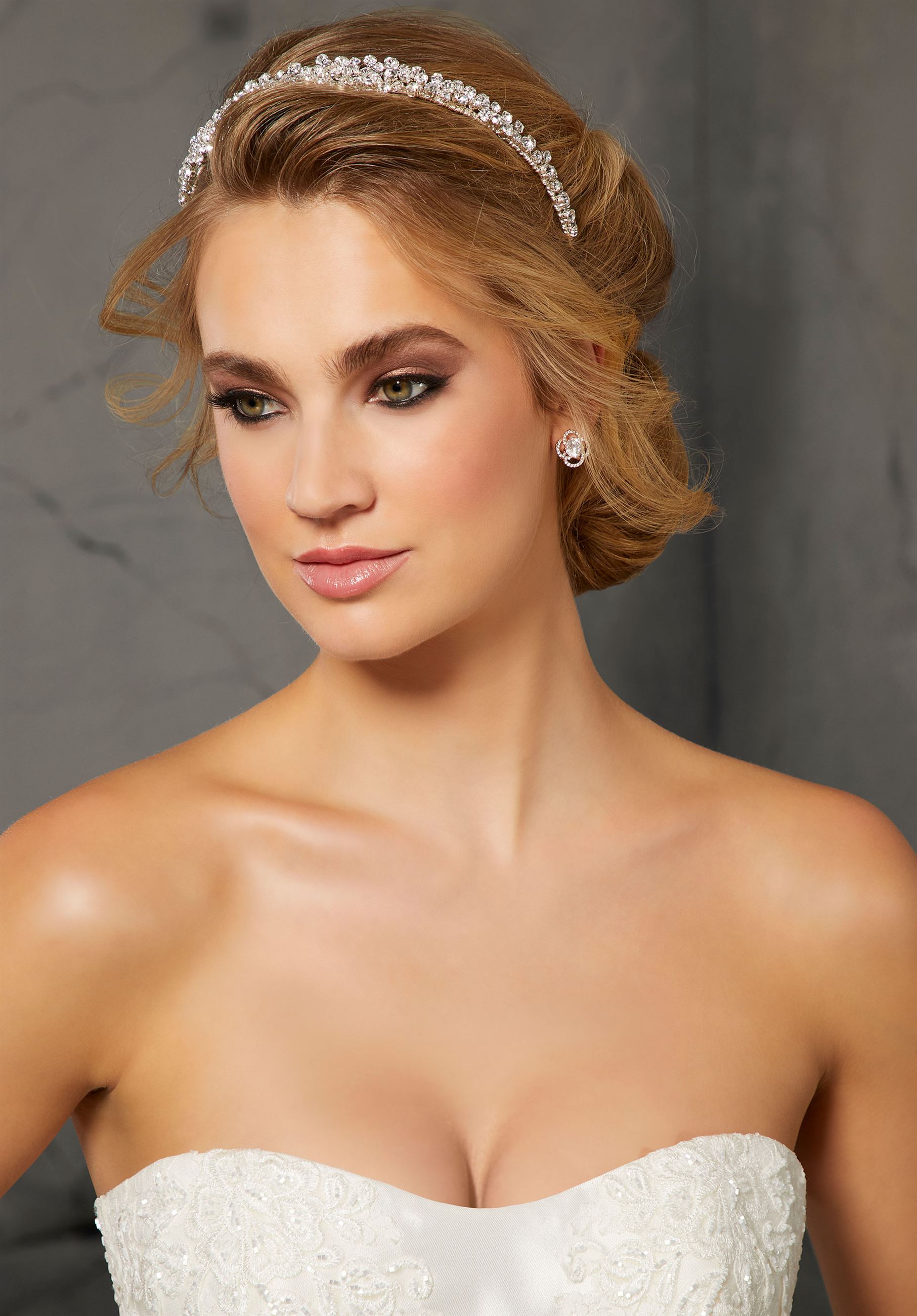 Model wearing crystal hair piece