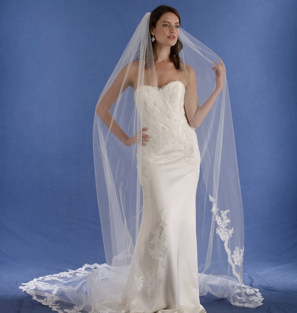 Model wearing white wedding dress and lace veil