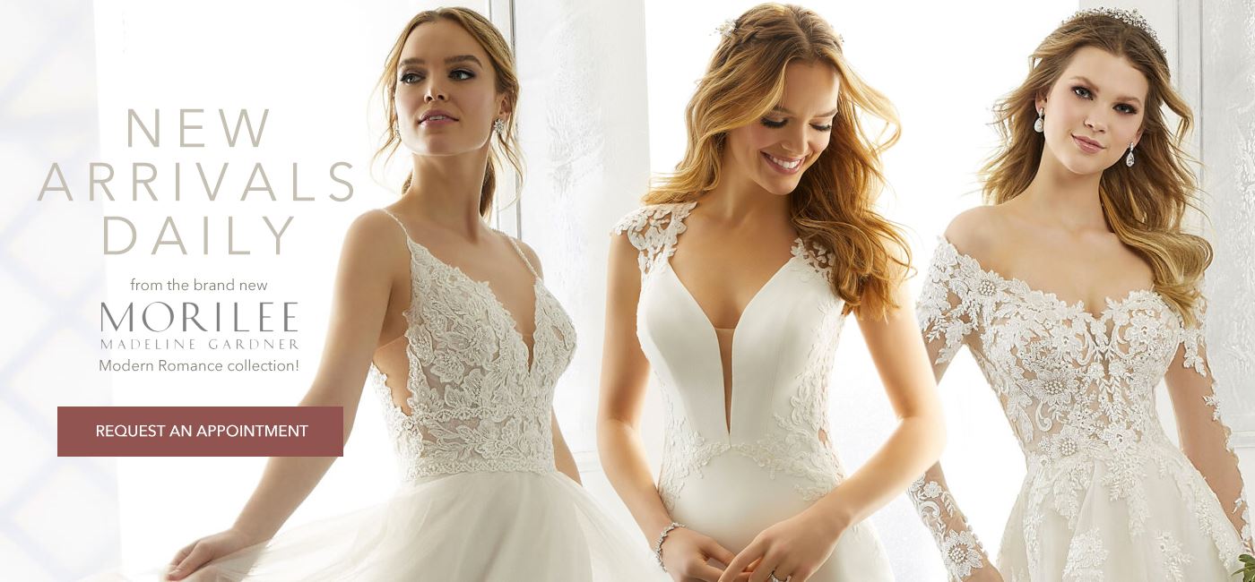New Morilee Arrivals Daily banner showing three models in wedding dresses