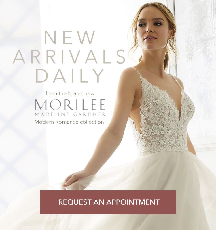 New Morilee Arrivals Daily banner showing a model wearing a wedding dress shown on mobile device